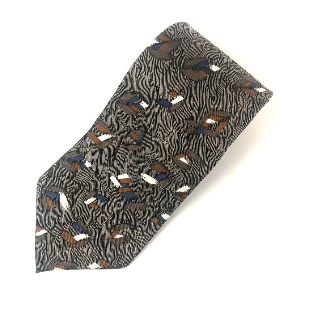 J.T. Beckett 100% Silk Tie EX-LONG Geometric Abstract Pattern Brown Blue White